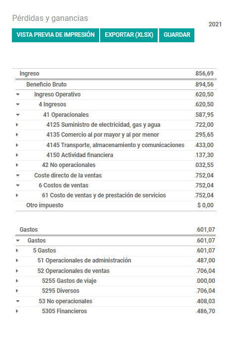 Informe de pérdidas y ganancias Informe de Pérdidas y ganancias generado por Odoo enterprise